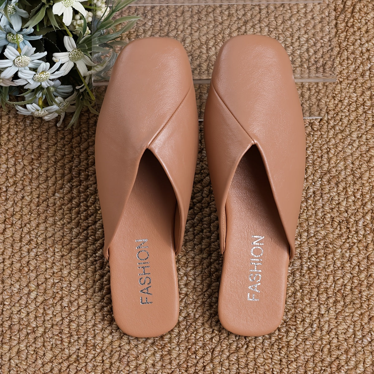 Women's Square Toe Mules Flat Shoes Faux Cover Solid Color Non-Slip Rubber Sole