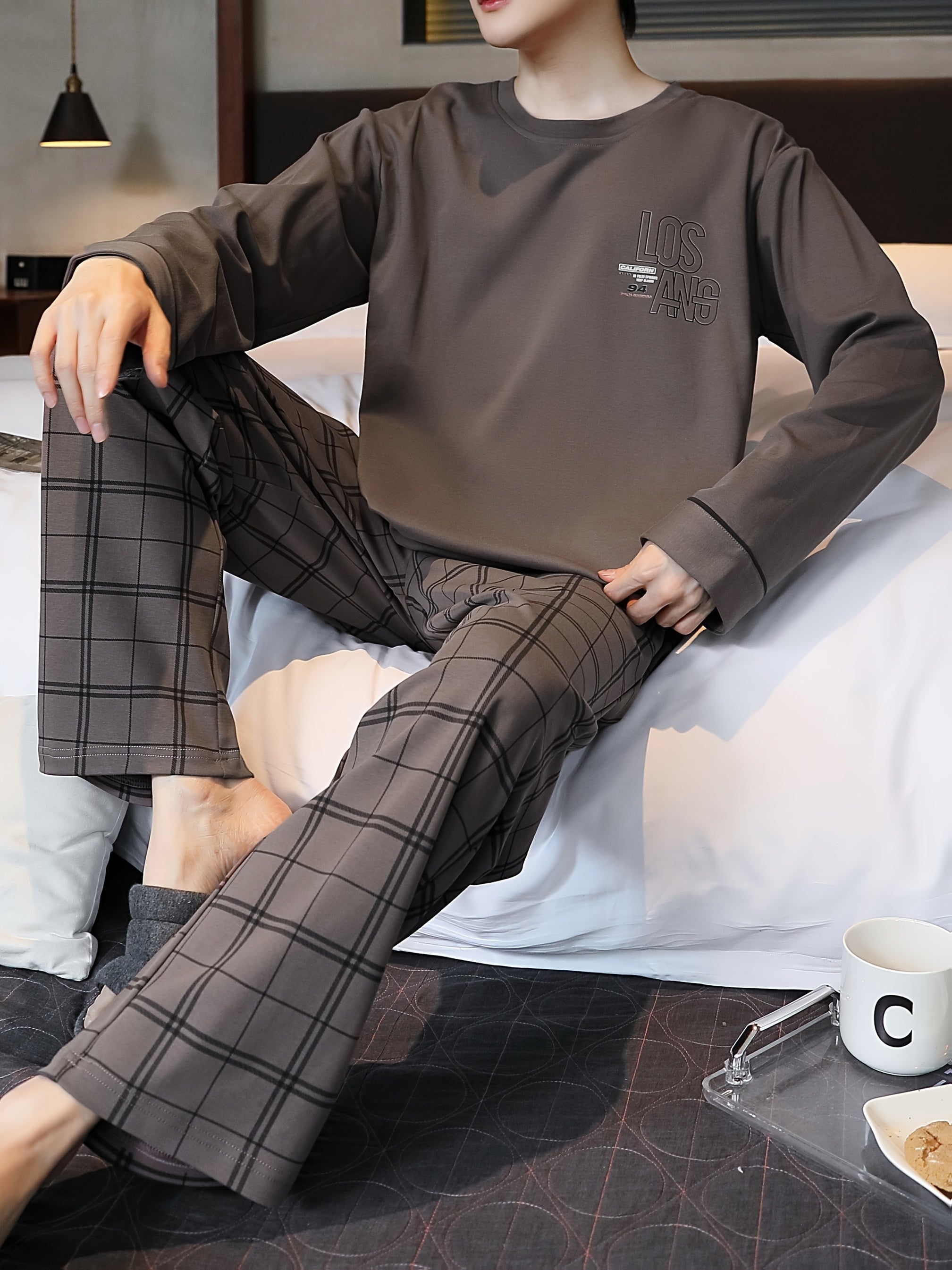 Men's Plaid Pajama Set Polyester Knit Long Sleeve Crew Neck Sleepwear Loungewear