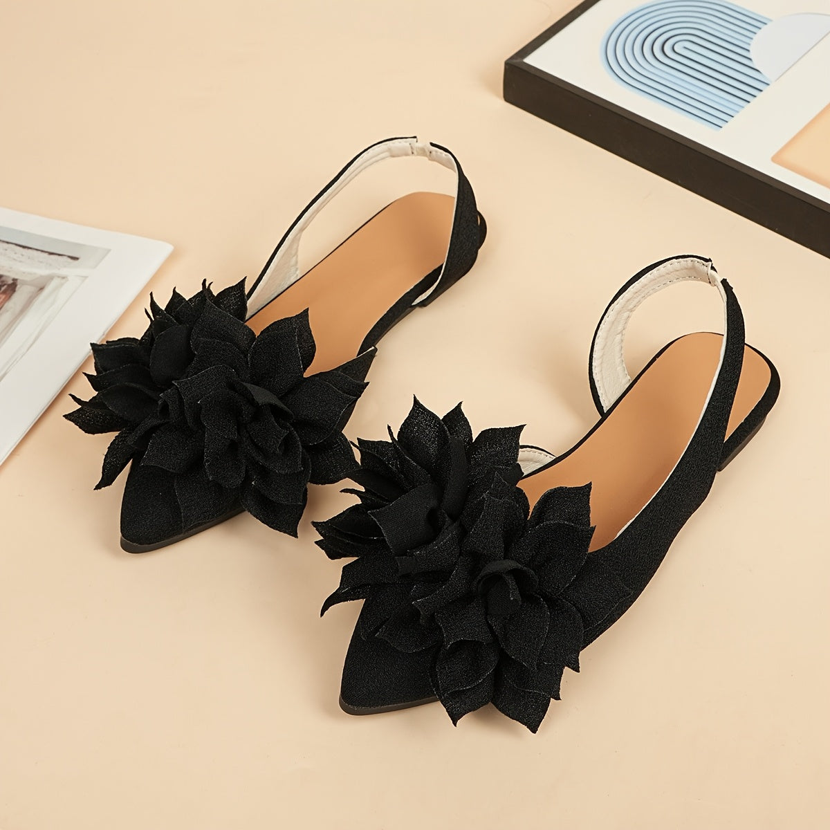 Women's Black Fabric Flat Sandals with Double Flower Embellishment