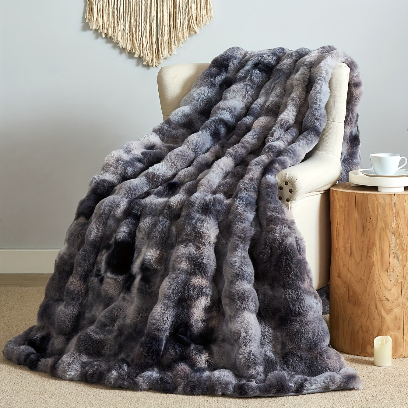 Tie-Dye Faux Rabbit Fur Blanket Shaggy Plush Bed Sofa Throw Cozy Fluffy