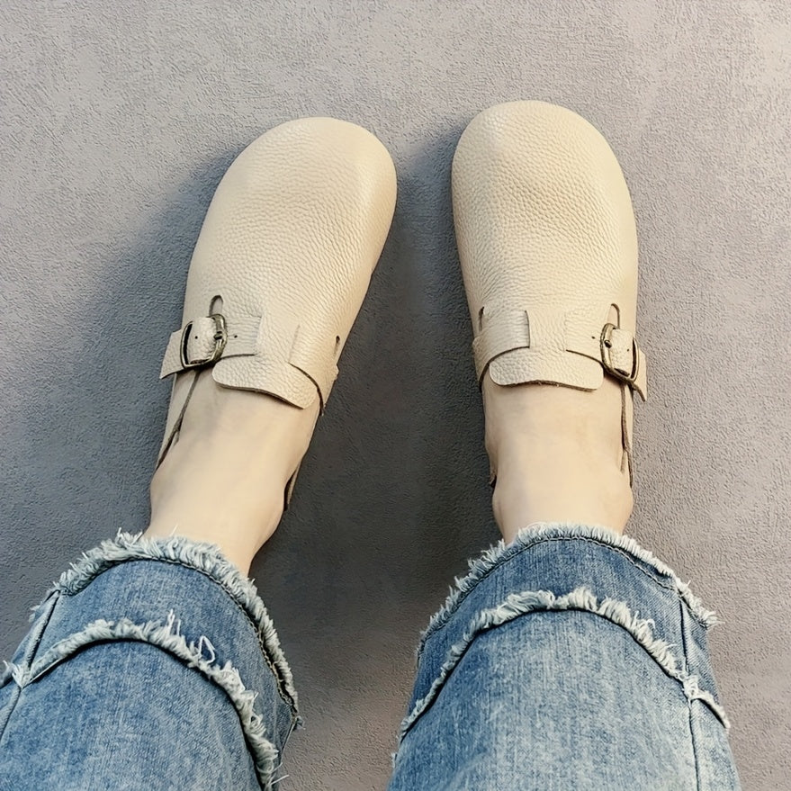 Women's Leather Flat Shoes with Buckle Strap Casual Loafers Brown