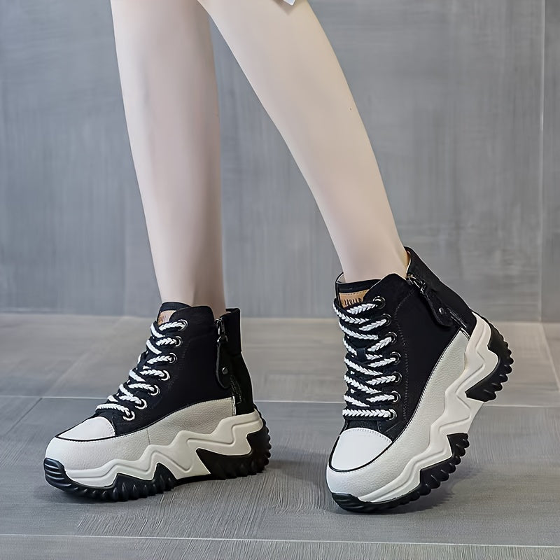 Women's Chunky Platform Dad Sneakers Mid-Top Casual Shoes Breathable PU Rubber Sole