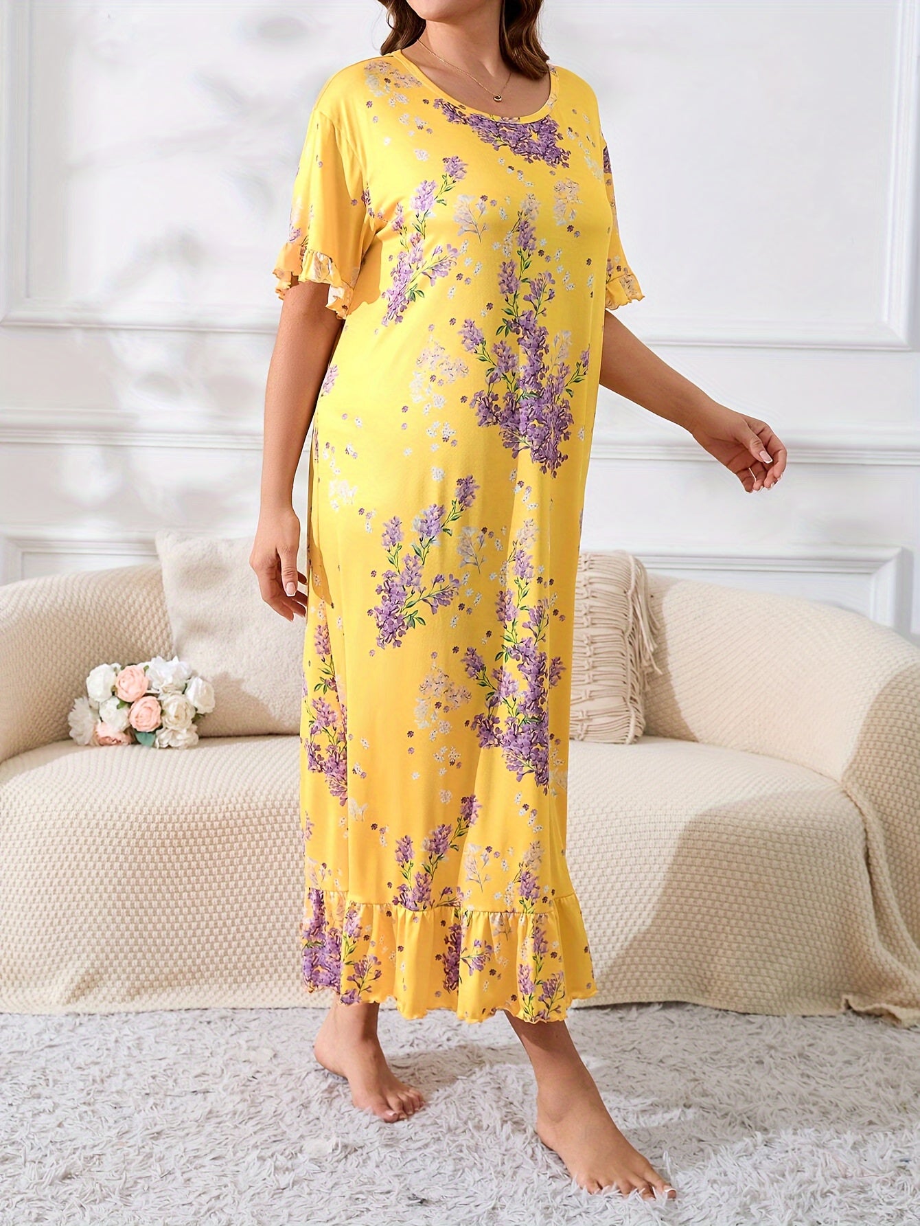 Plus Size Women's Floral Print Short Sleeve Nightdress Ruffle Trim