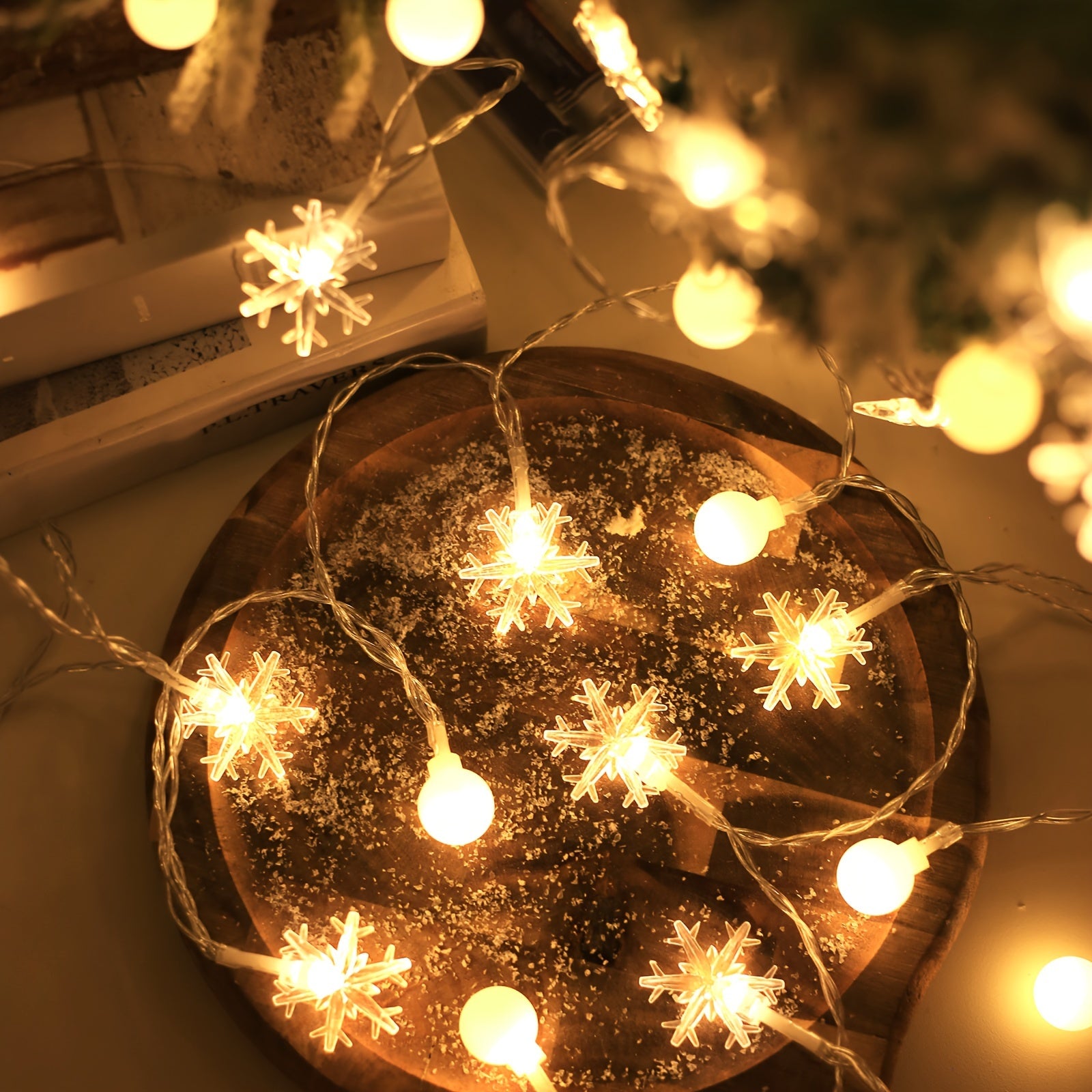 Luces de cadena de bolas blancas de copo de nieve para Navidad, decoración de árbol interior