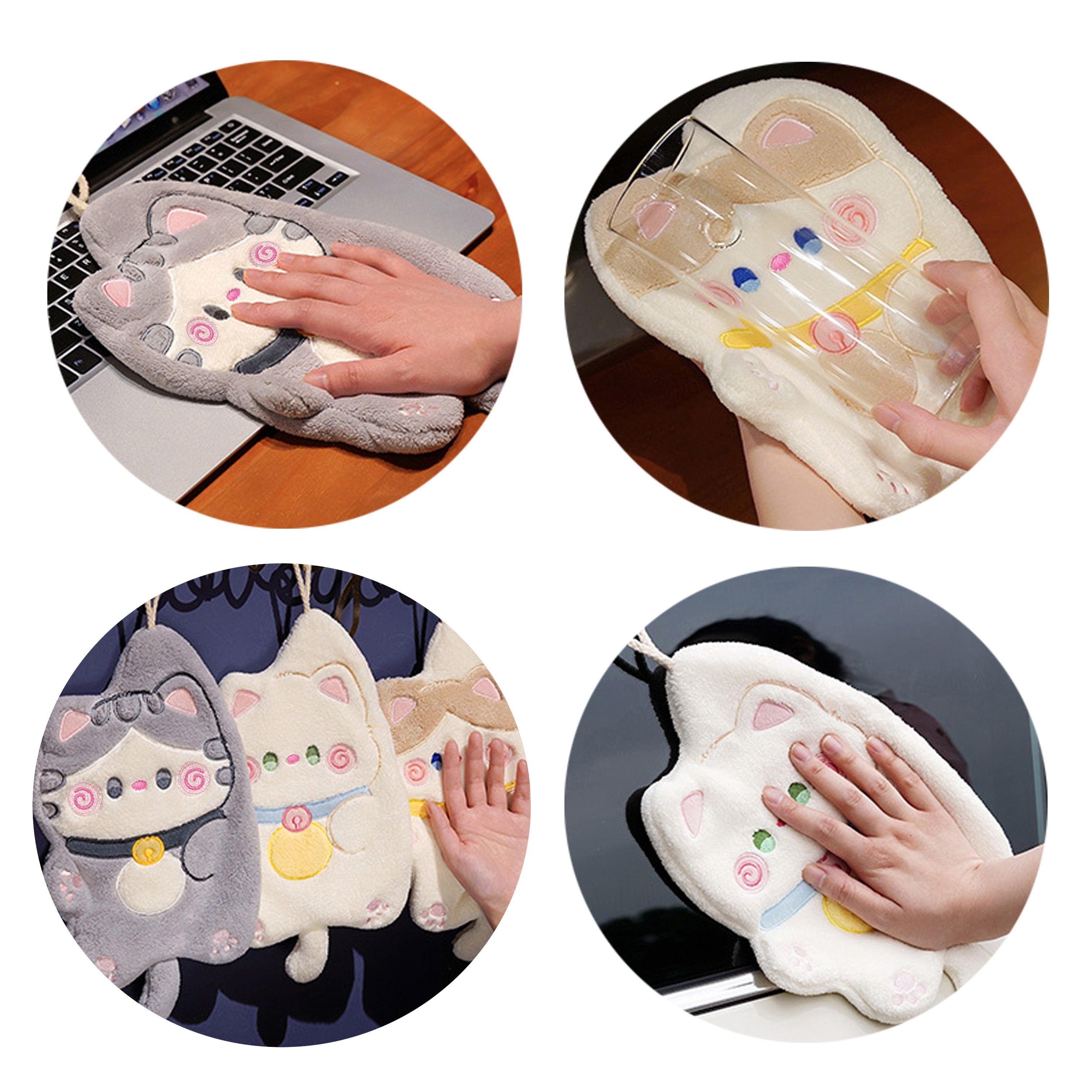 Cat-Shaped Coral Fleece Hand Towel Beige White Gray Quick-Drying Absorbent Kitchen Bathroom Bedroom
