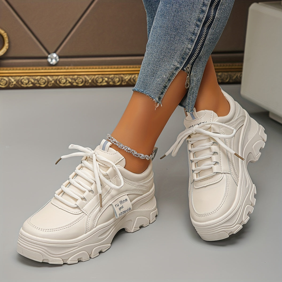 Women Chunky Sneakers Lightweight Breathable Casual Shoes White Low Top