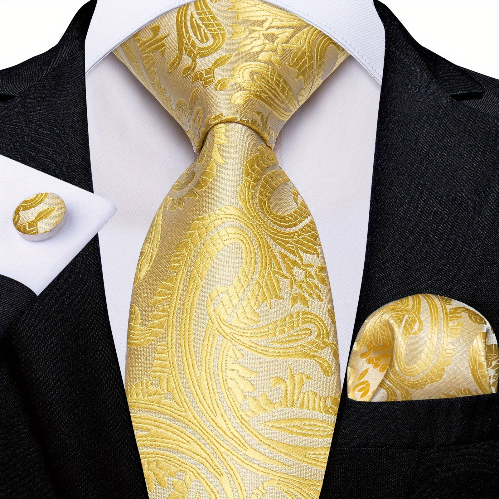 Men's Blue and Yellow Striped Tie Set with Cufflinks and Handkerchief for Business and Gift