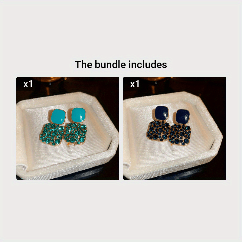 Zarif banket ziyofatlari uchun rhinestone va qotishma dizayni bilan bezatilgan hashamatli kvadrat shaklidagi osma sirg'alar.