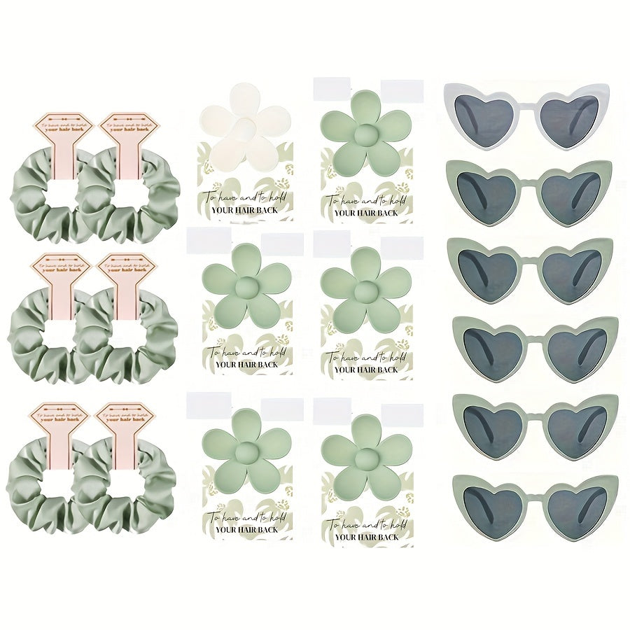 Set of 18 Bridesmaid Hair Scrunchies and Flower Hair Claws with Heart Glasses Wedding Accessories