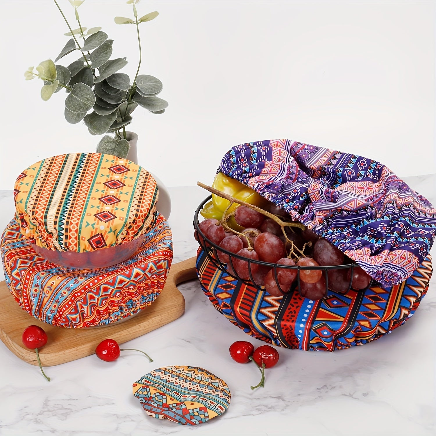 Set of 5 Elastic Polyester Bowl Covers, Stretchy and Reusable Fabric Lids for Food Storage, Perfect for Kitchen Jars and Containers, Safe for Food Contact, Various Designs Included