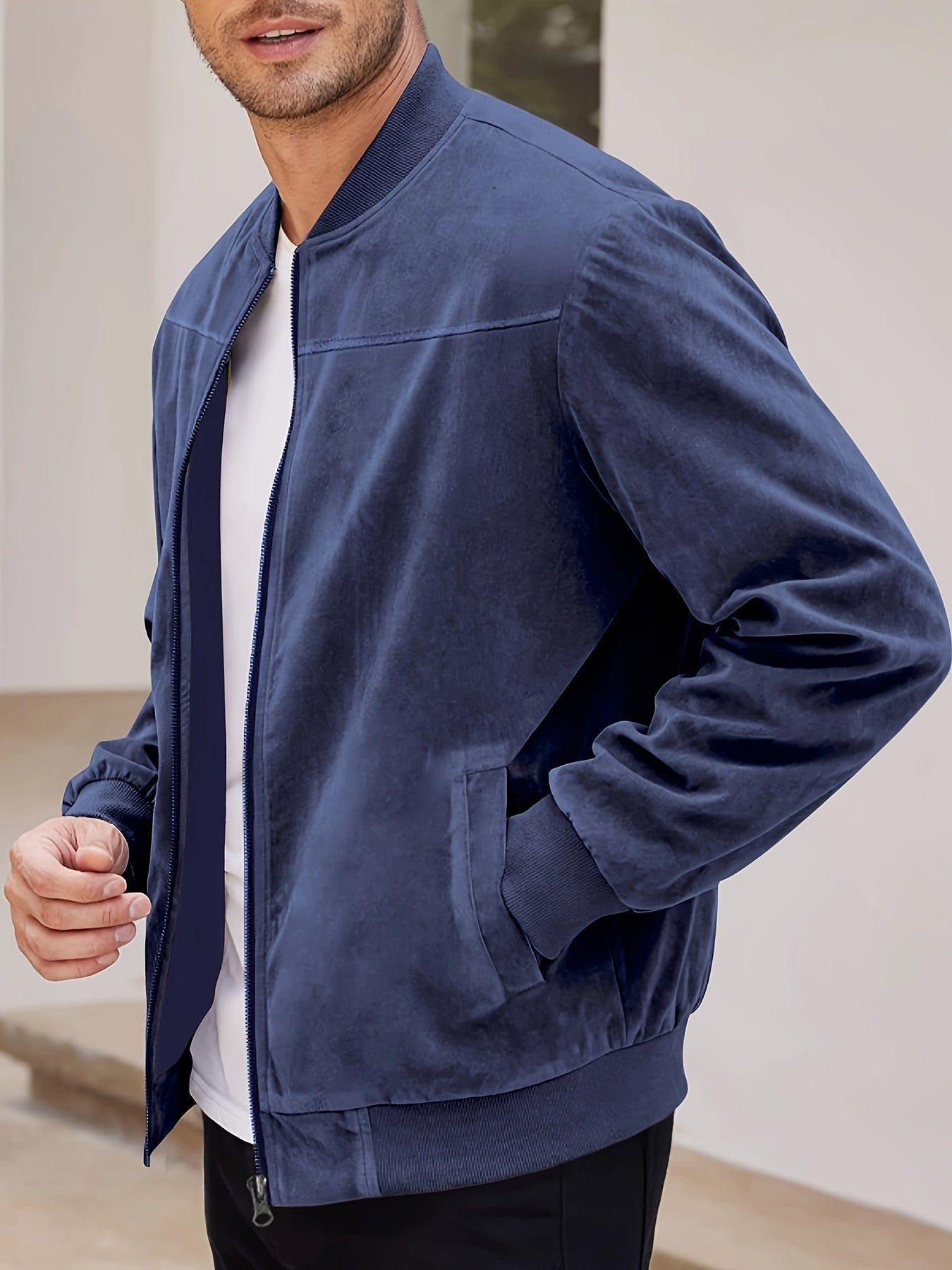 Men's Navy Blue Lightweight Polyester Jacket with Stand Collar and Full-Zip for Spring and Autumn