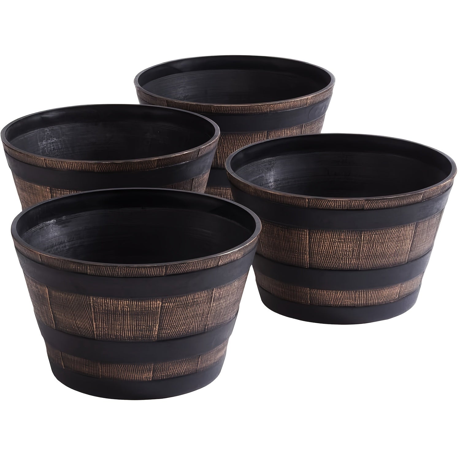 Set of 4 Plastic Flower Pots with Drainage Holes, Barrel Style, Indoor Outdoor