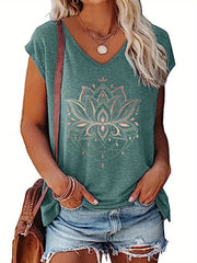 Plus Size Women's V-Neck Floral Print T-Shirt Short Sleeve Summer Top