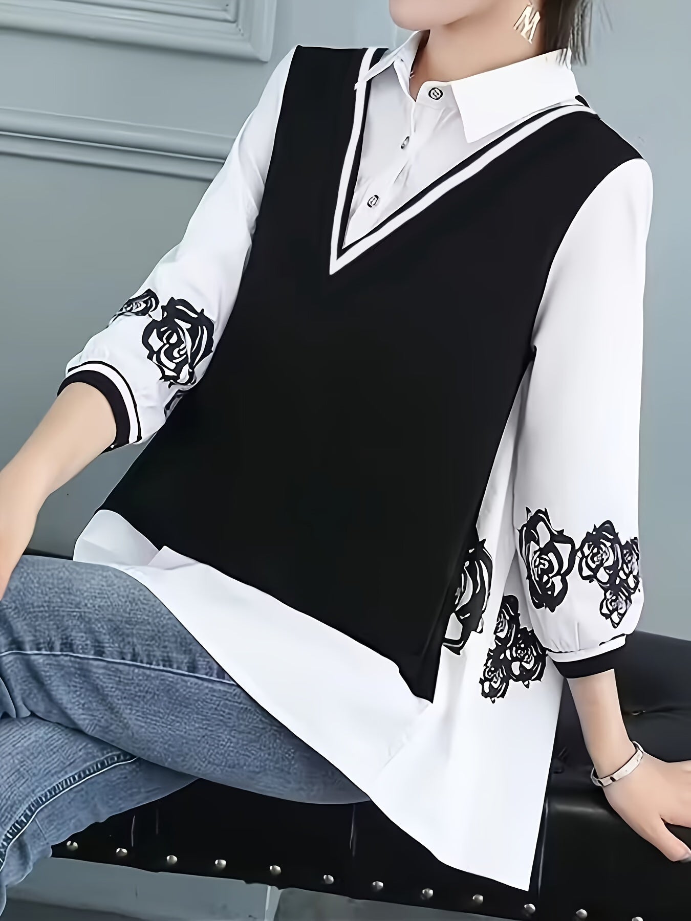 Women's White and Black Chiffon Shirt with Floral Print and Polo Collar