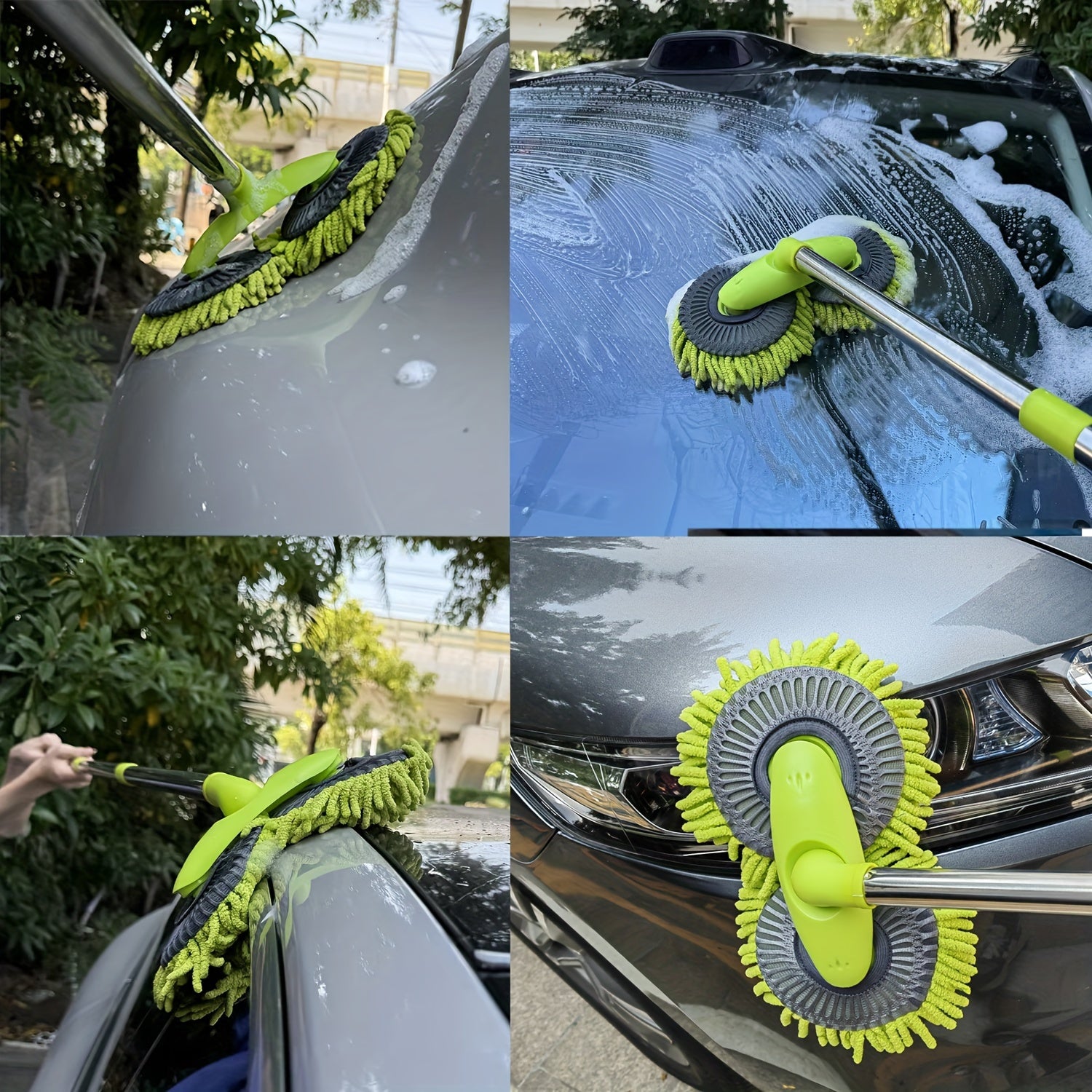 Green Microfiber Car Wash Brush with Long Handle and Adjustable Head