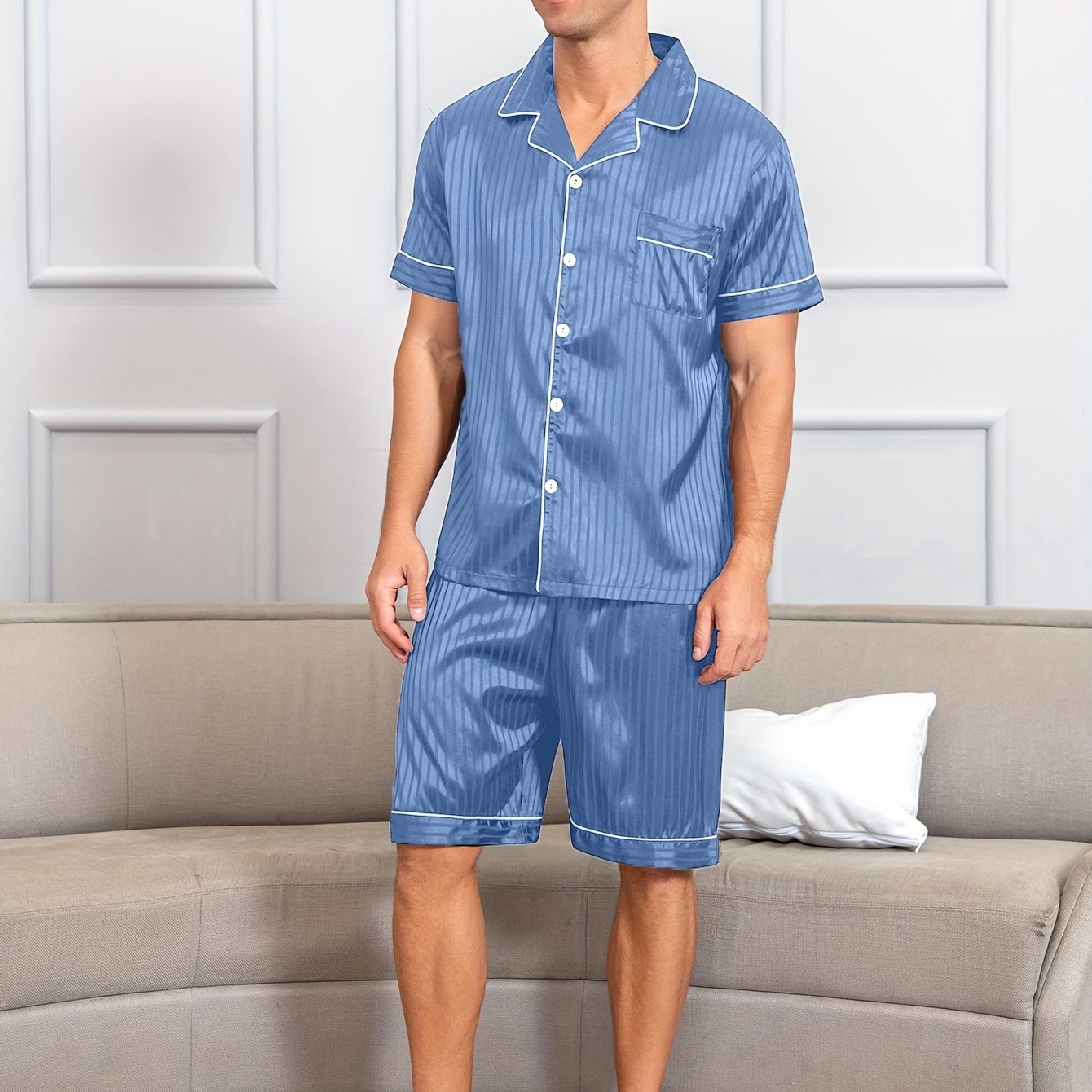 Men's Reversible Collar Summer Pajama Set with Silky Breathable Fabric