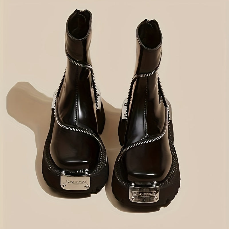 Women's Black Square Toe Ankle Booties with Zipper Platform Heel Rubber Sole