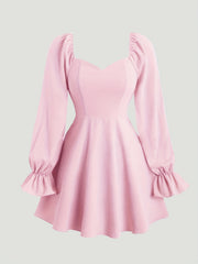 Plus Size Sweetheart Neck Dress with Long Sleeves A-Line Fit and Flare Solid Polyester