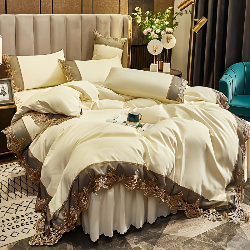 Luxury Polyester Duvet Cover Set with Golden Lace Accents, Solid Color, Zipper Closure