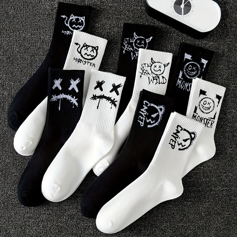Men's Black and White Graffiti Pattern Crew Socks 5 Pairs Breathable Comfortable All Seasons
