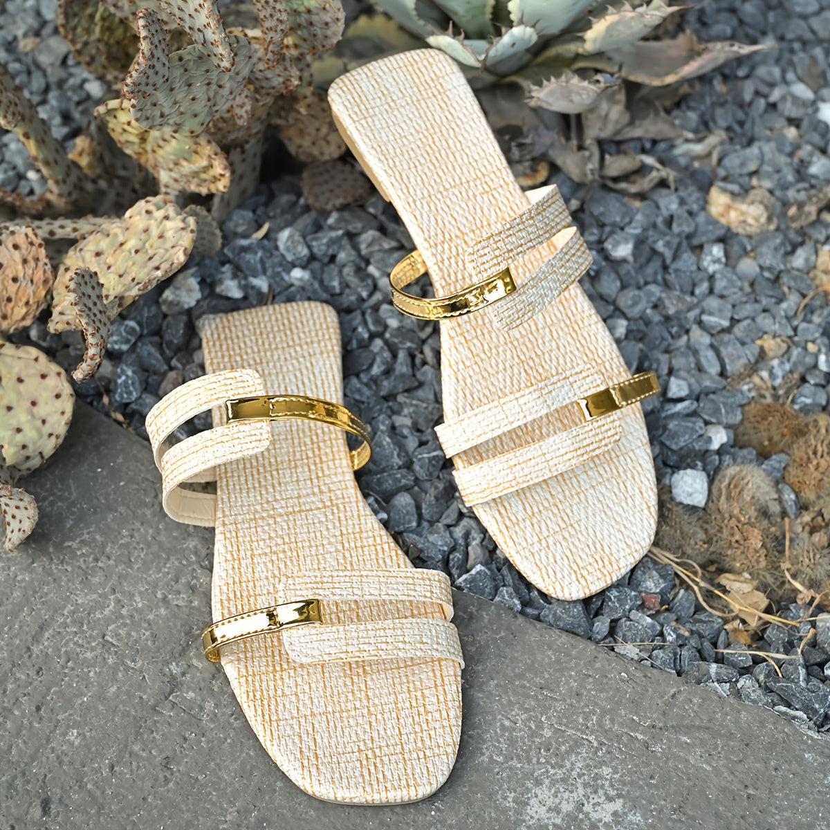 Women's Summer Flat Sandals with Golden Buckle Breathable Open Toe