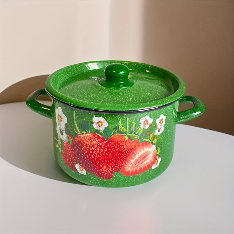 Enamel Cooking Pot 20cm with Strawberry Floral Design, Heat-Retaining Lid
