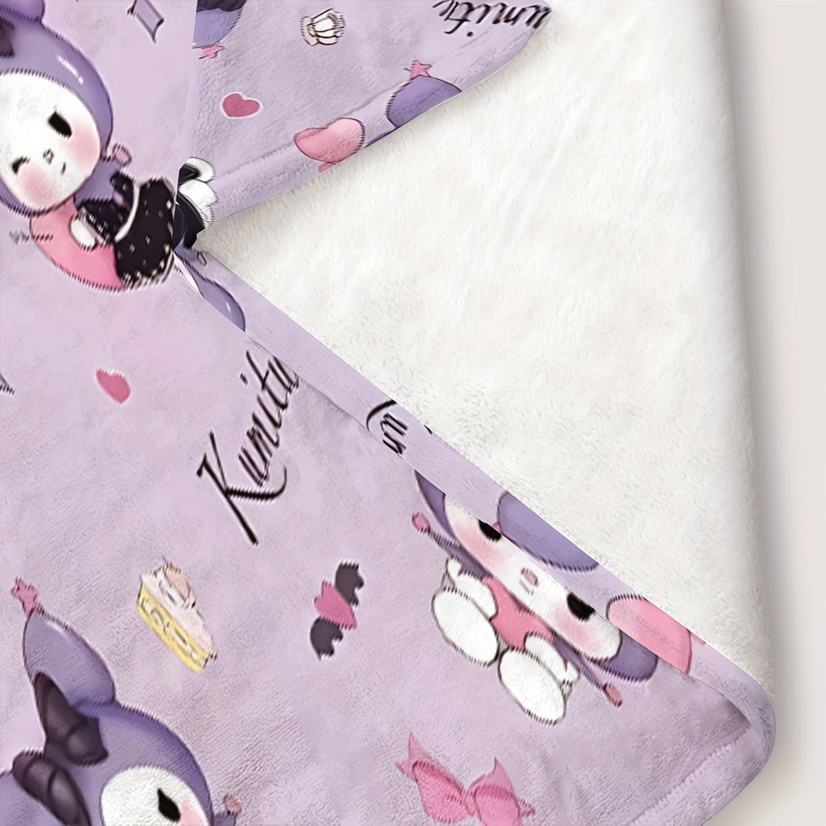 Kawaii Kuromi Flannel Throw Blanket Anime Digital Print Cozy Lightweight Polyester for Living Room Bedroom Office