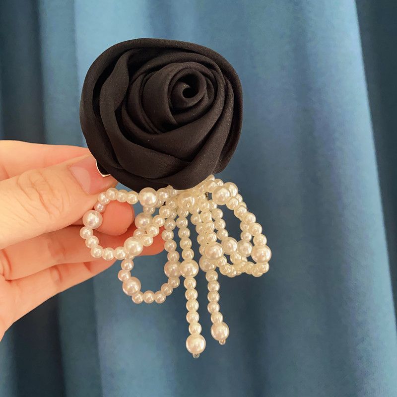 Satin Fabric Rose Brooch and Pearl Bow Hairpin Set for Women