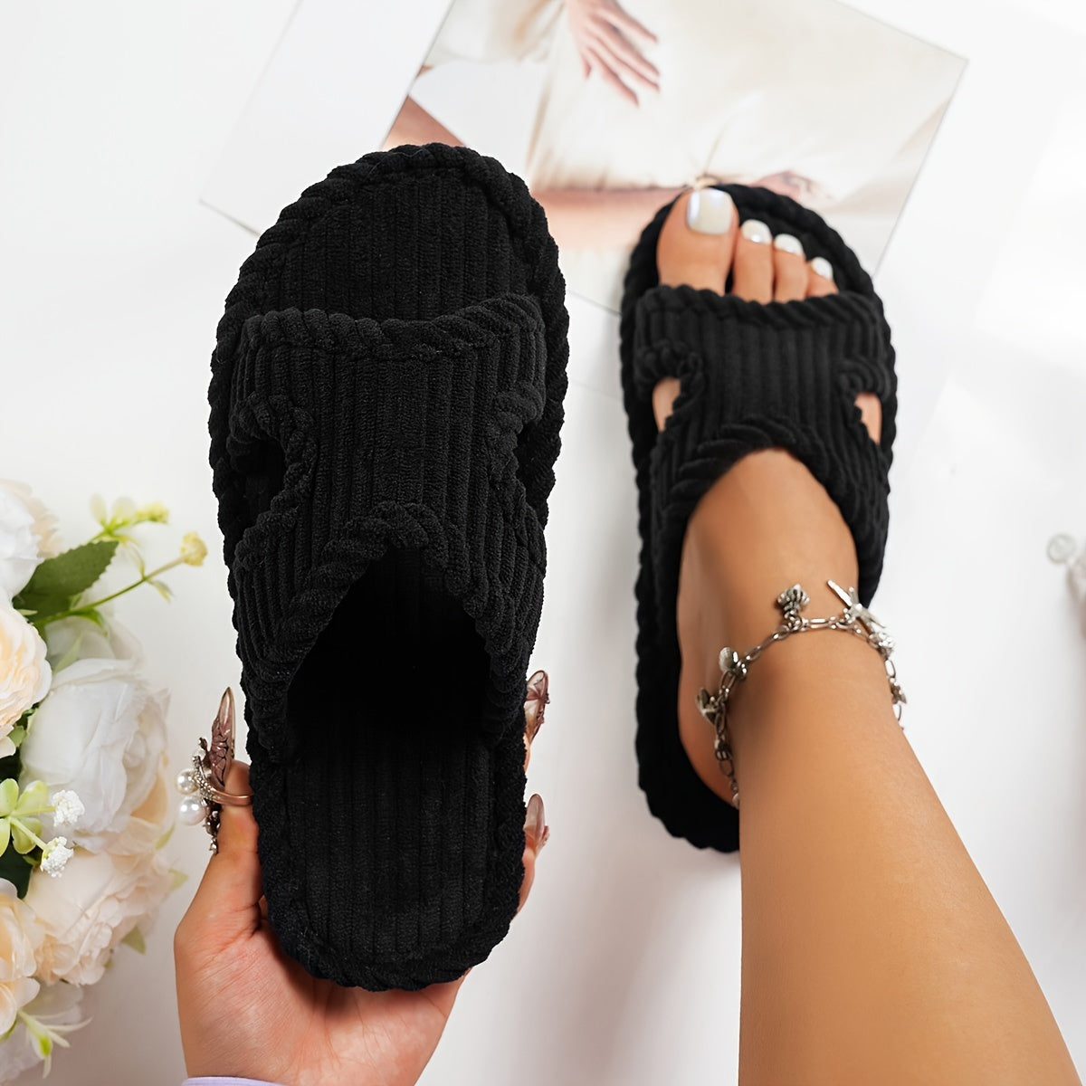 Women's Striped Slippers Soft Fabric Rubber Sole All Seasons