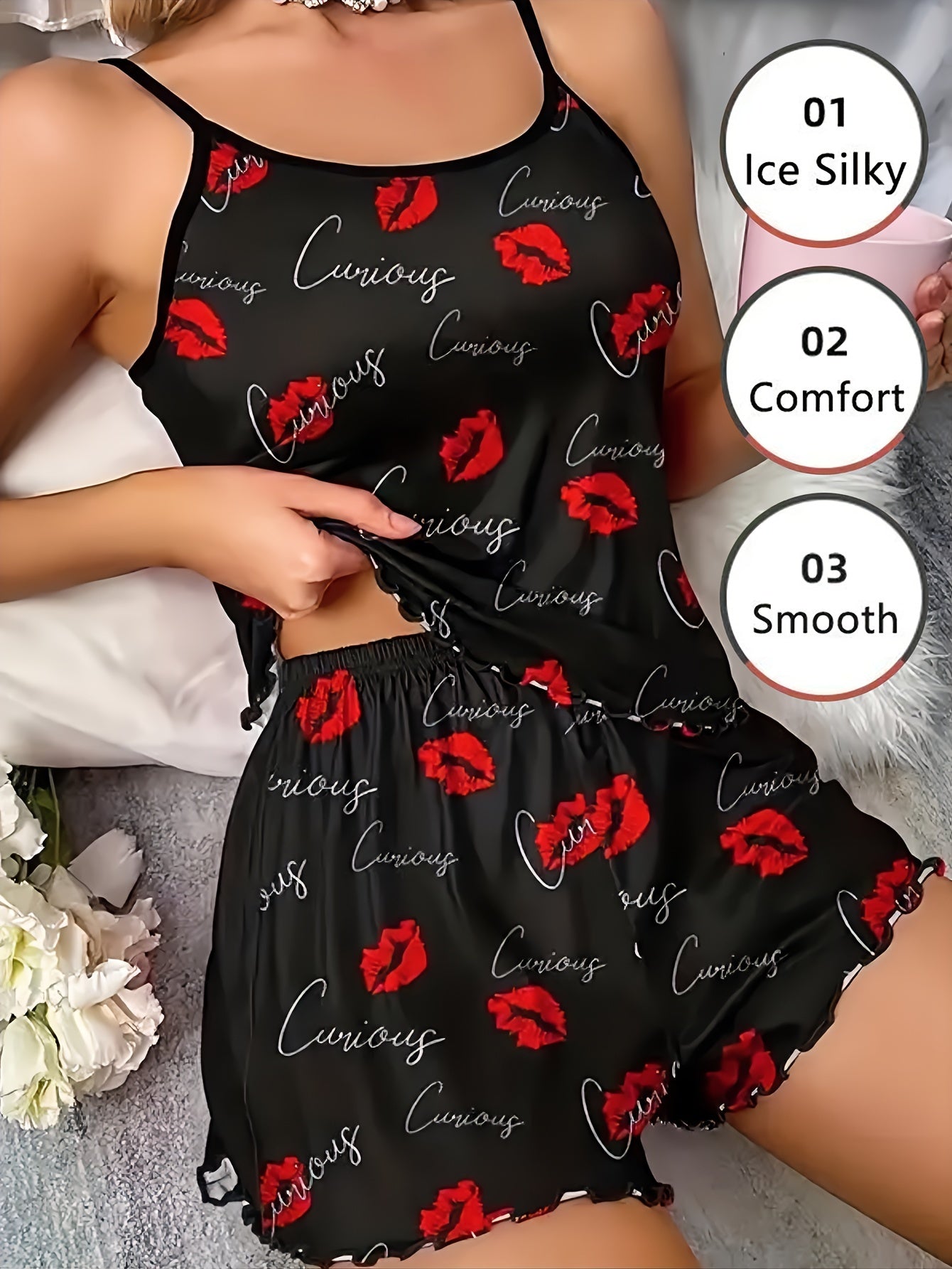 Women's Valentine's Day Pajama Set with Red Lip and Letter Print Crop Cami Top and Shorts
