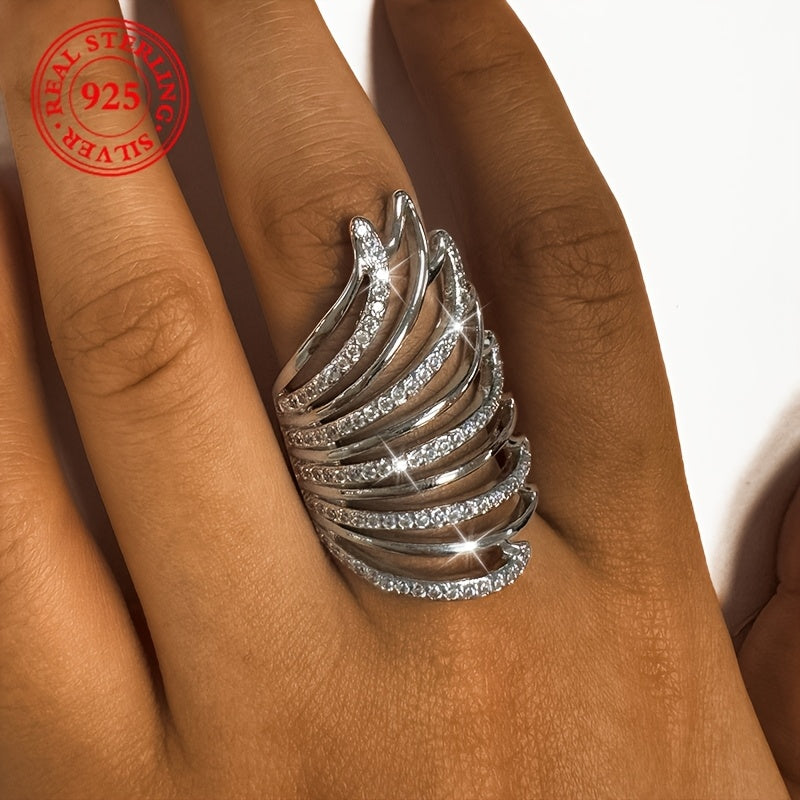 Women's Silver Open Ring with Angel Wings and Synthetic Zirconia