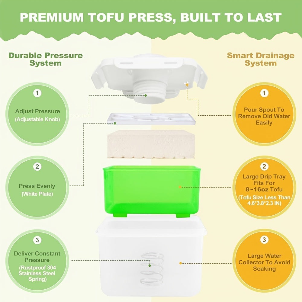 Adjustable Tofu Press Large Dishwasher Safe Drip Tray Vegan Food Prep