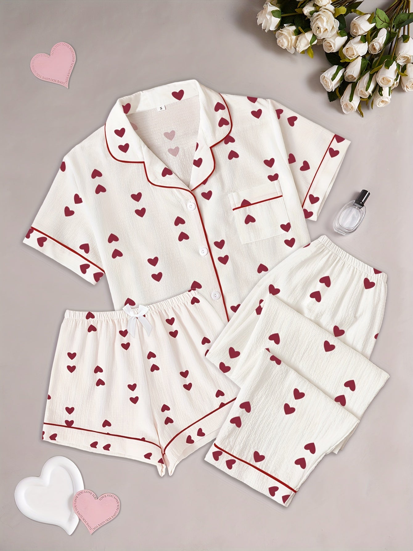 Women's Pajama Set with Heart Print Shirt Shorts and Long Pants All-Season Sleepwear