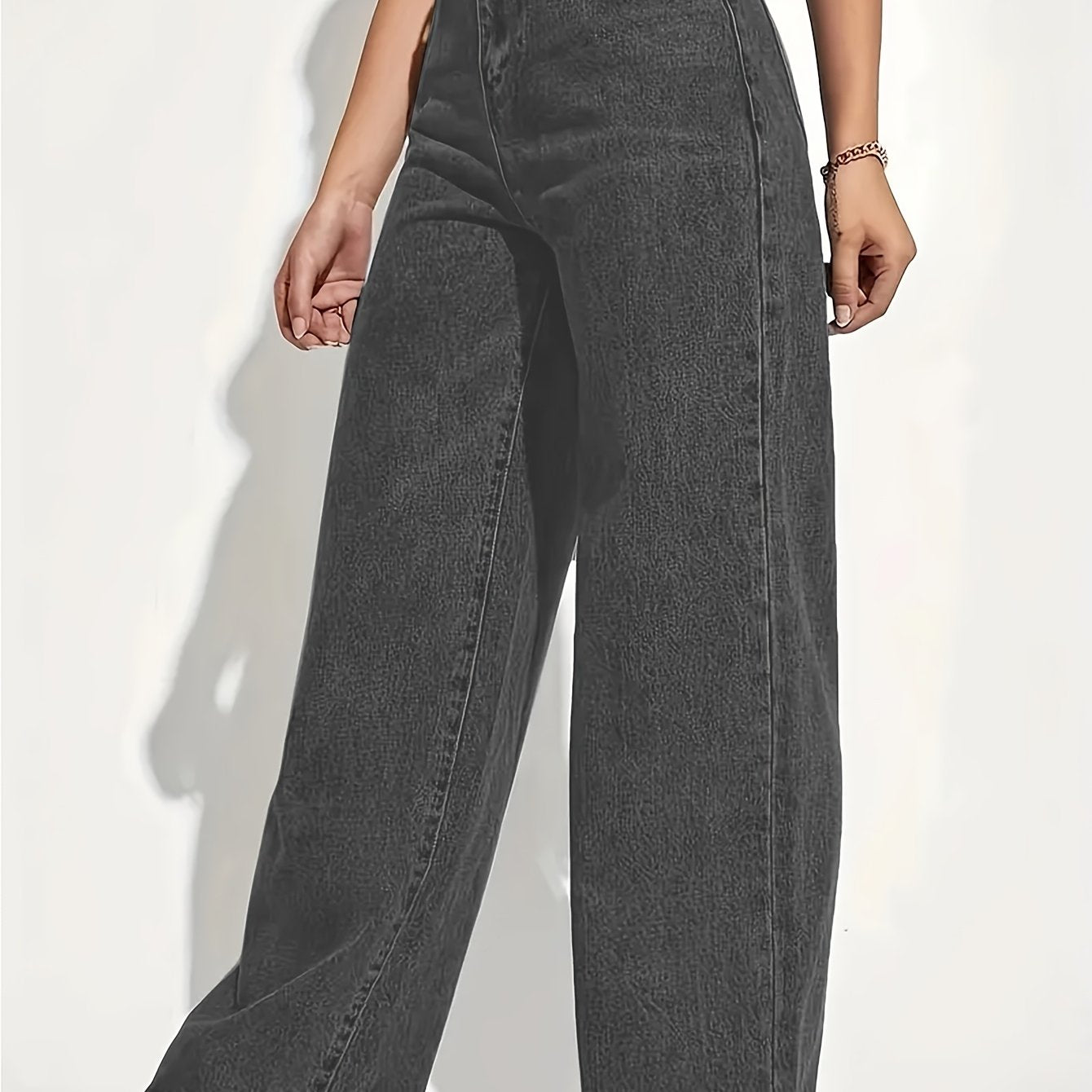 Jeans de mujer de tiro alto y pierna ancha con gran elasticidad, casual, lavado sólido, para primavera, verano y otoño