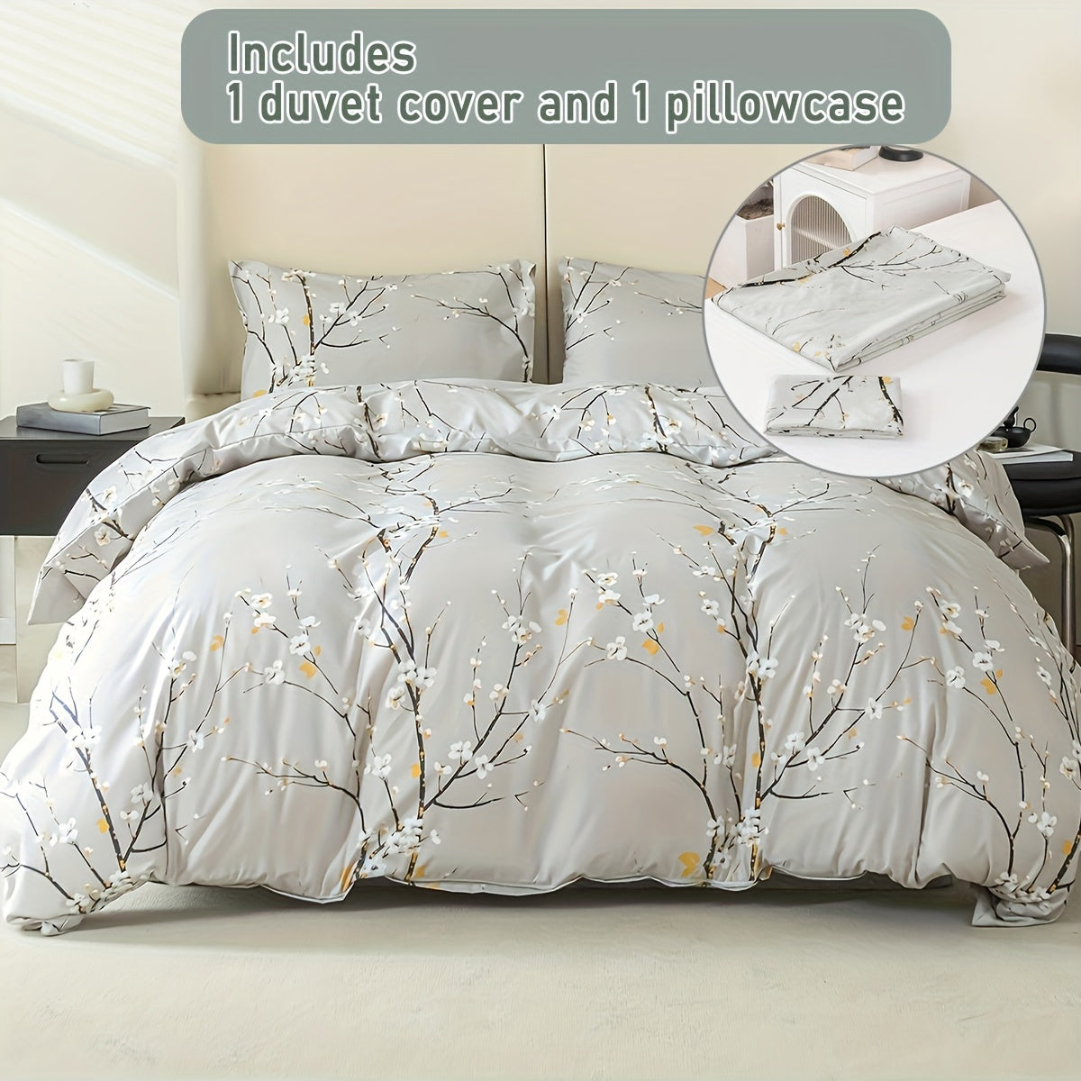 Flower Print Duvet Cover Set with Pillowcases Soft Bedding for Bedroom or Guest Room