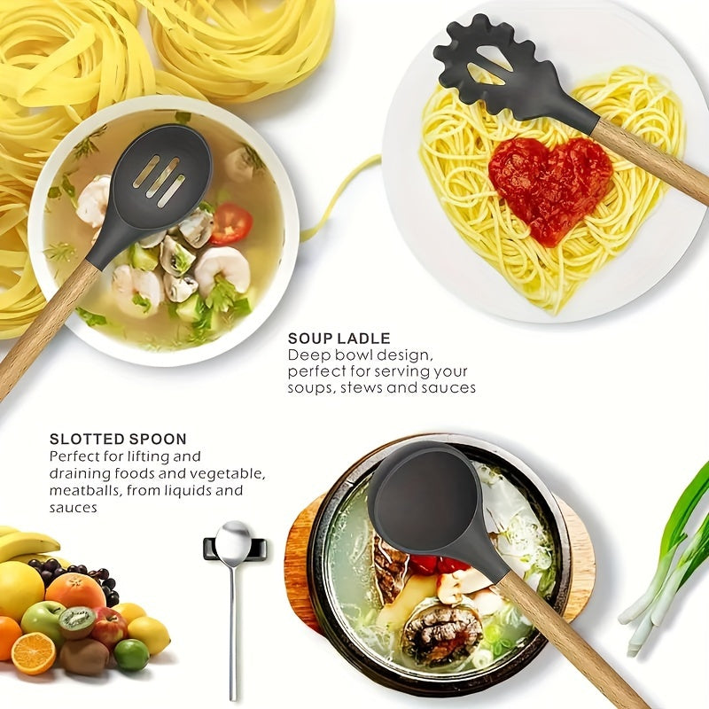 Набор кухонных принадлежностей из 12 силиконовых предметов с деревянными ручками и корзиной для хранения