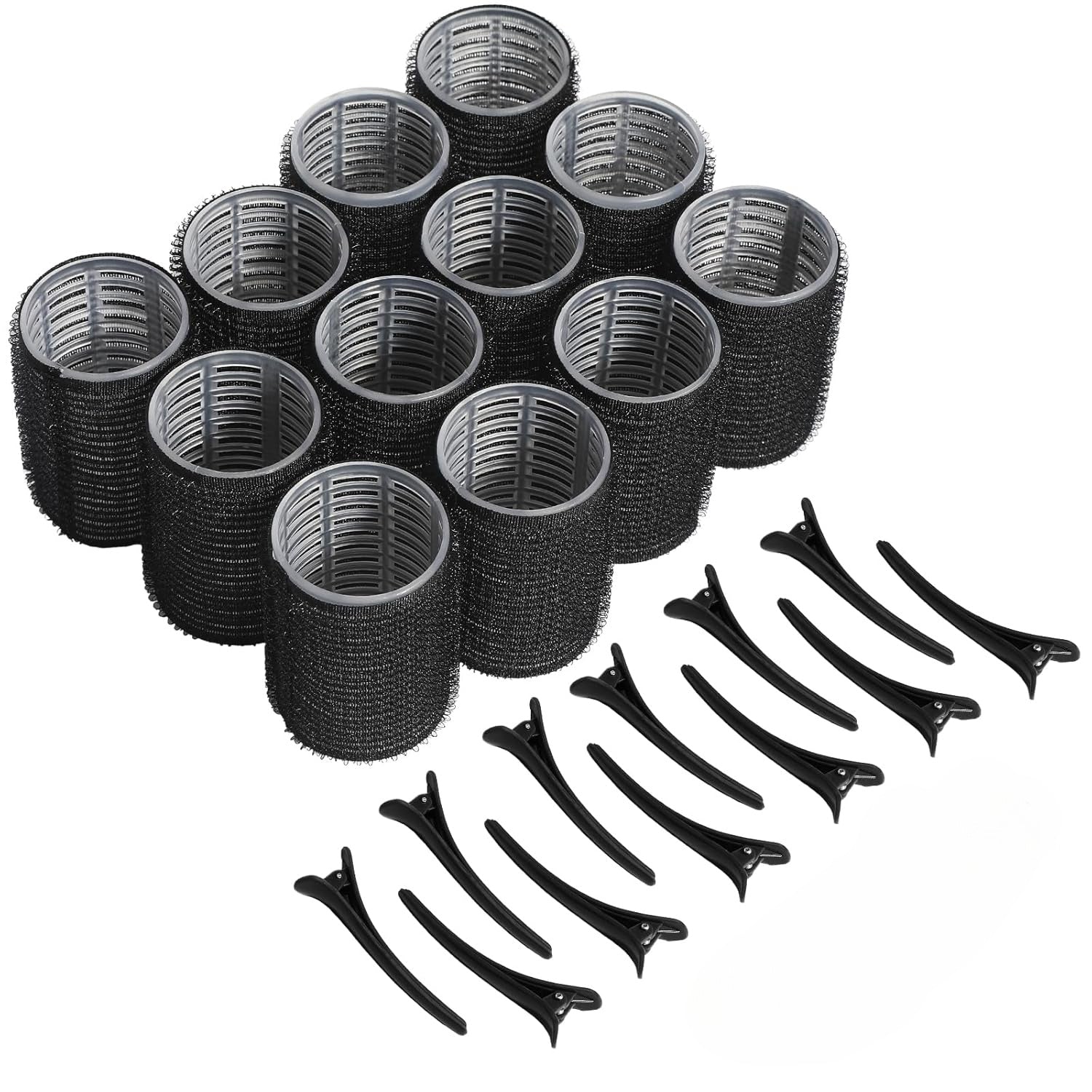 O'rta va qisqa sochlar uchun to'lqinlar va burmalar yaratish uchun 24 ta o'z-o'zidan yopishadigan soch roliklari, taroq va soch pinlari, qora rangda. Uniseks kattalar sochlarini uslublash uchun mos.