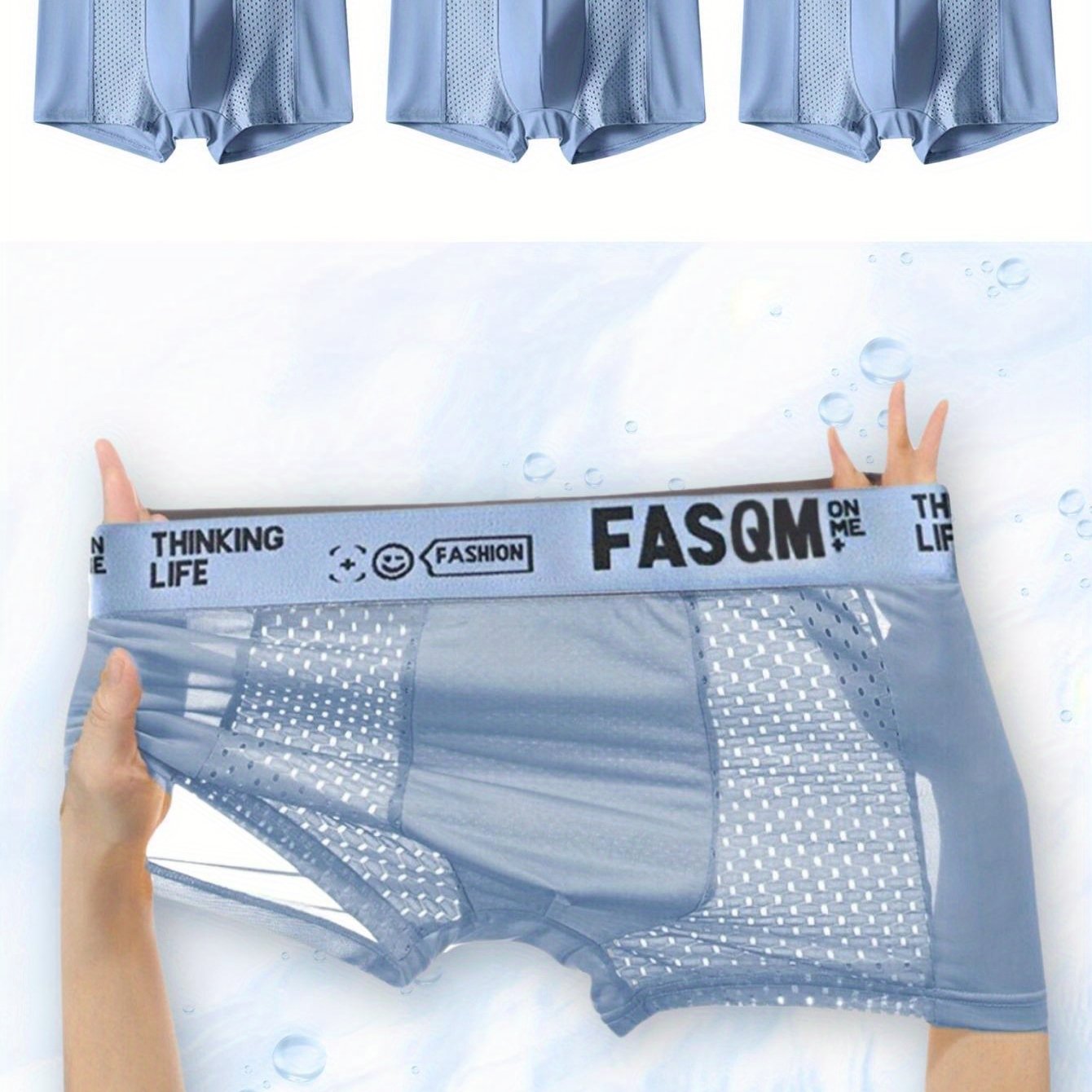 3-Pack Erkaklar uchun Bokser Shortlari, Havo O'tkazuvchi Tarmoq Patch va Elastik Polyester bilan, Osmon Moviy, Qora va Qora Kulrang Ranglarda.