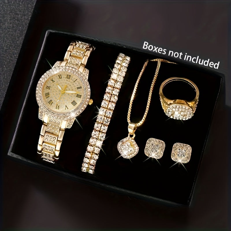 Women's Gold Quartz Watch Jewelry Set with Minimalist Wristwatch Necklace Bracelet Ring Earrings