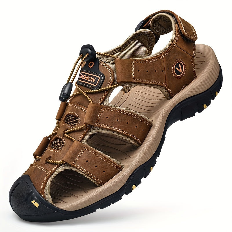 Men's Brown Leather Sandals Casual Summer Beach Adjustable Rubber Sole Footbed
