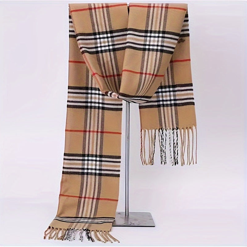 Woven Polyester Men's Checkered Stripe Scarf with Fringe Warm and Soft