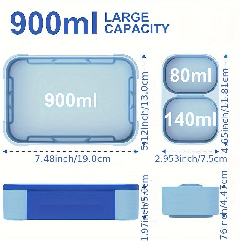 Portable Lunch Box with 900ml Sealed Compartment and 2 Cups Microwave Safe Leak-Proof BPA-Free