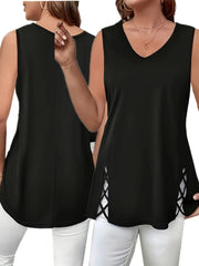 Top sin mangas de mujer talla grande con escote en V y tirantes cruzados en negro