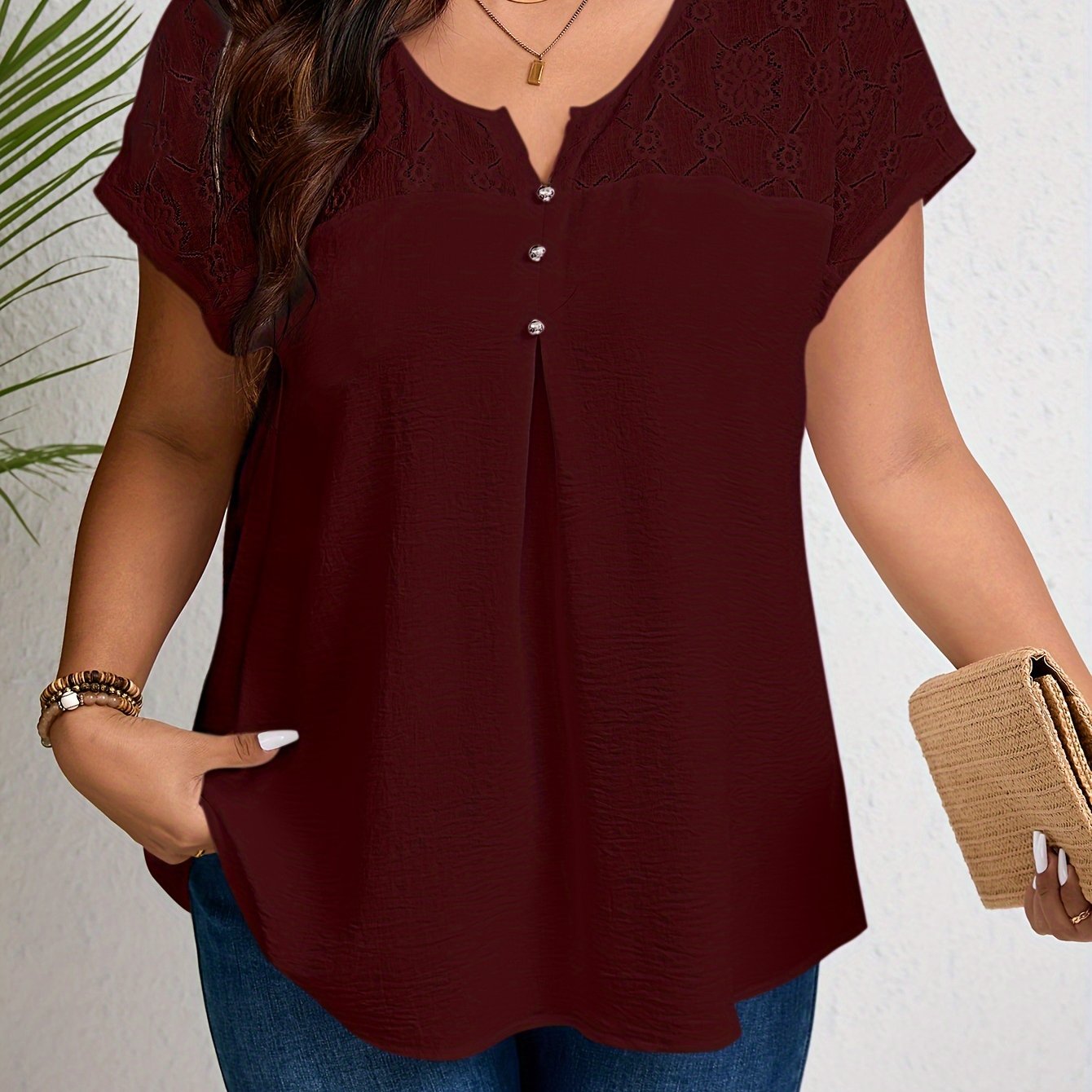 Plus Size Lace Top with Button Details Short Sleeve Notched Neck Spring Summer Elegant
