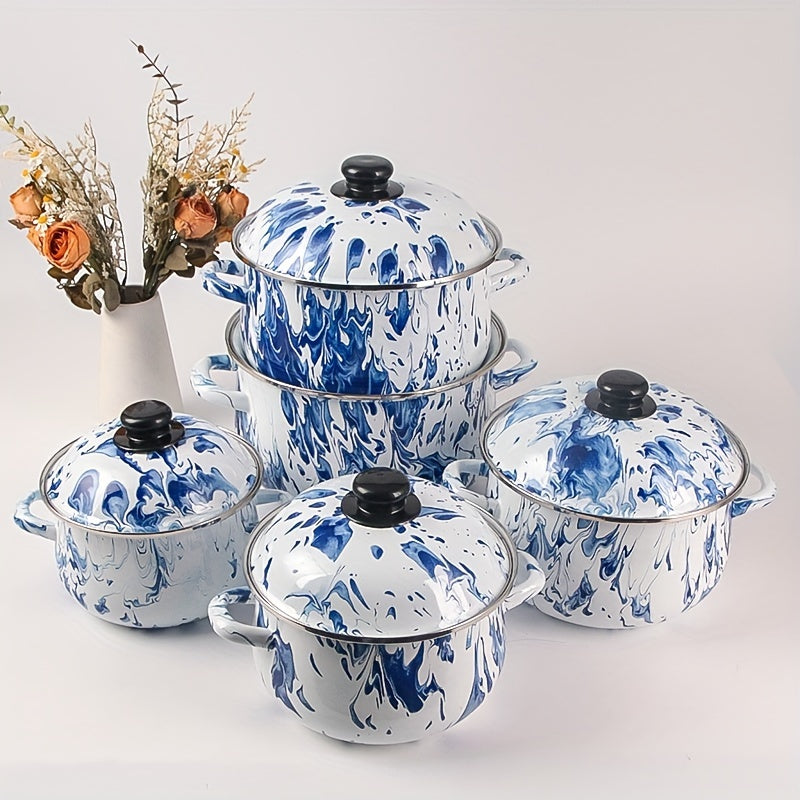 Enamel Cookware Set 5 Pieces Blue Floral Stackable Pots and Pans Kitchen