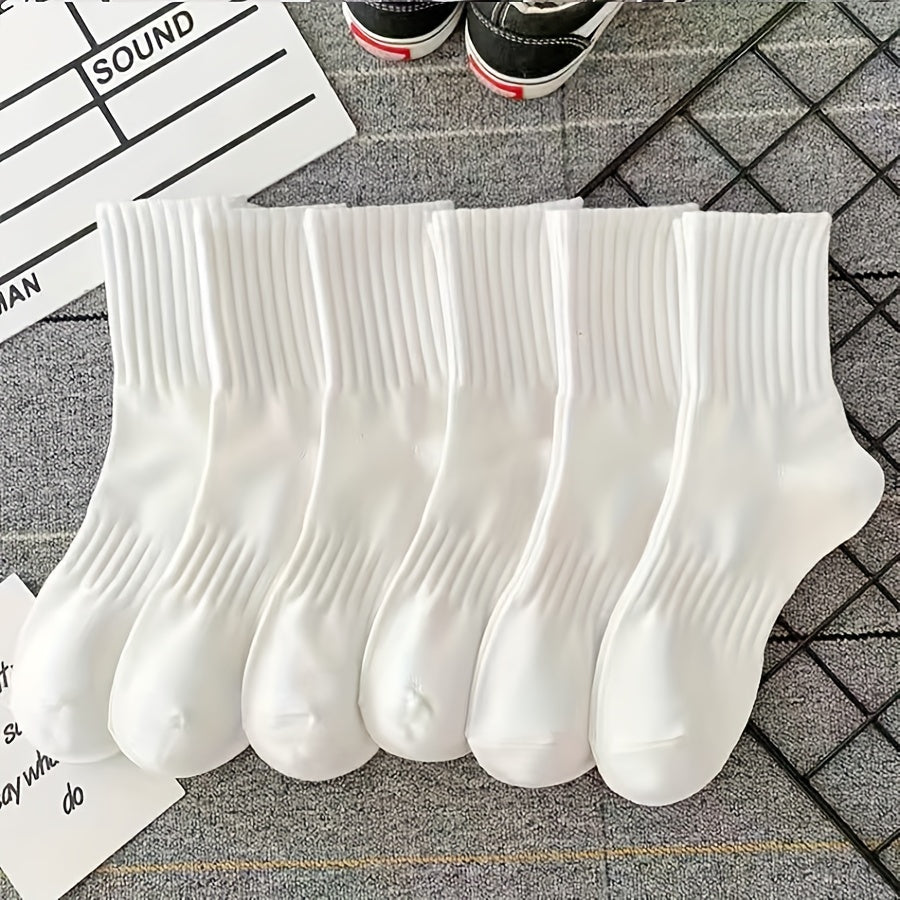 Calcetines de tubo medio acanalados para mujer, 6 pares, transpirables, cómodos, de color sólido