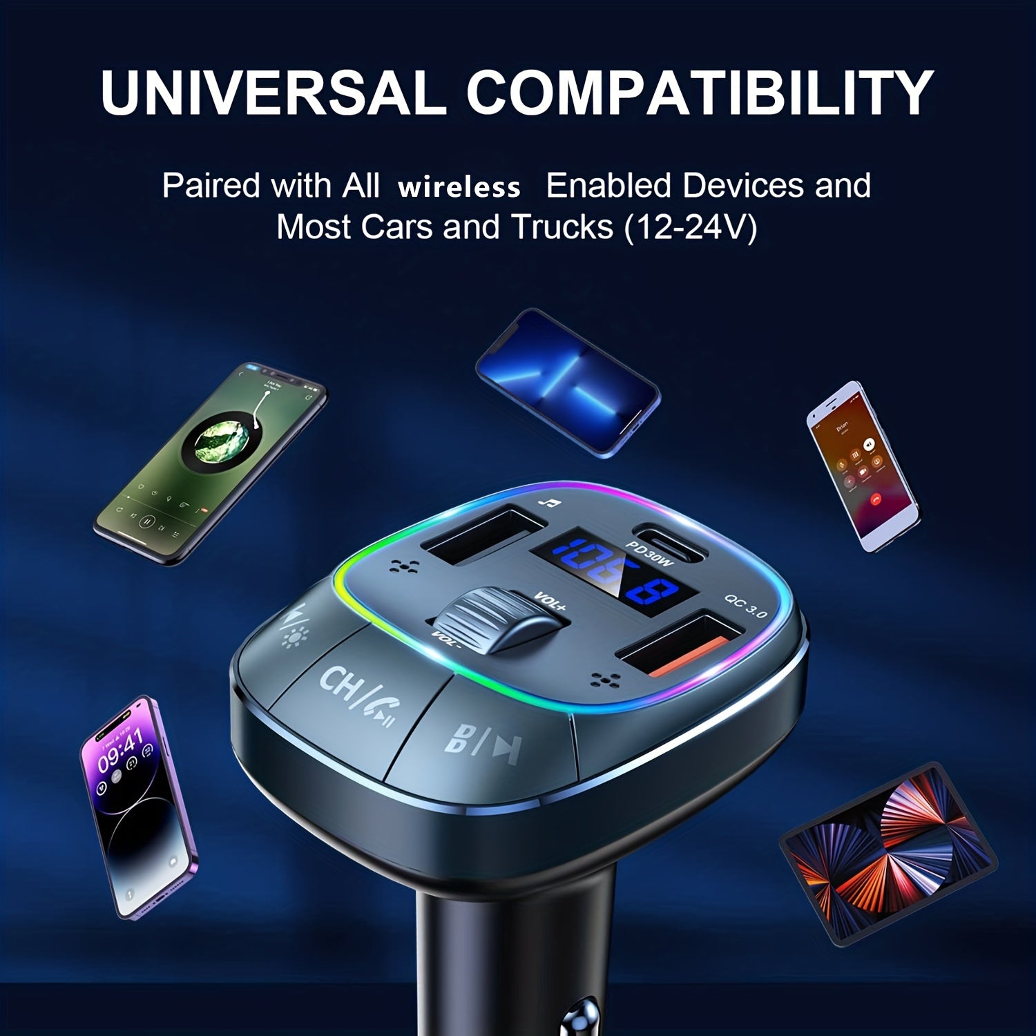 Wireless Car Adapter with Hands-Free Calling RGB Backlit Fast Charging