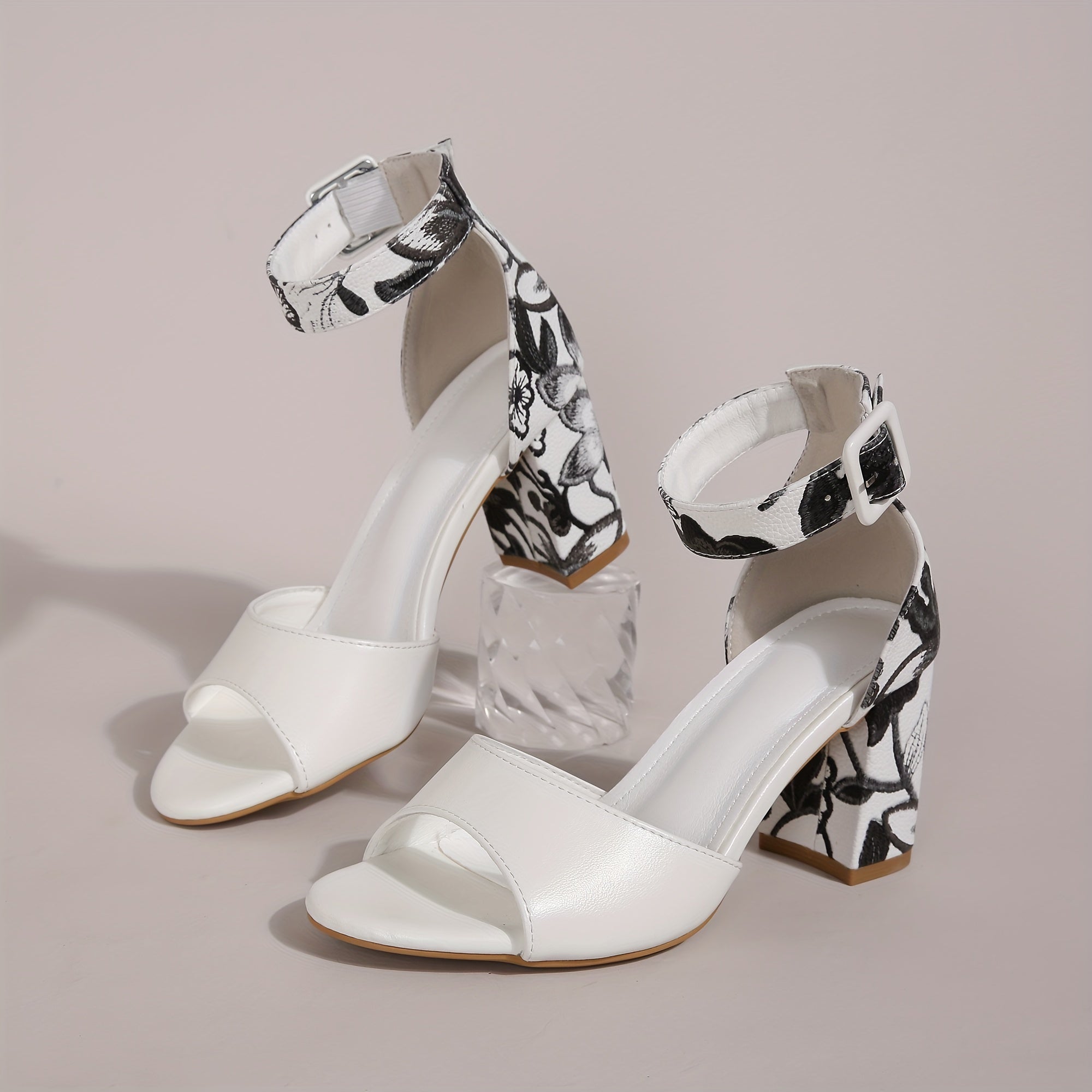 Women's Floral Embroidered Block Heel Pumps Peep Toe Ankle Strap Dress Shoes