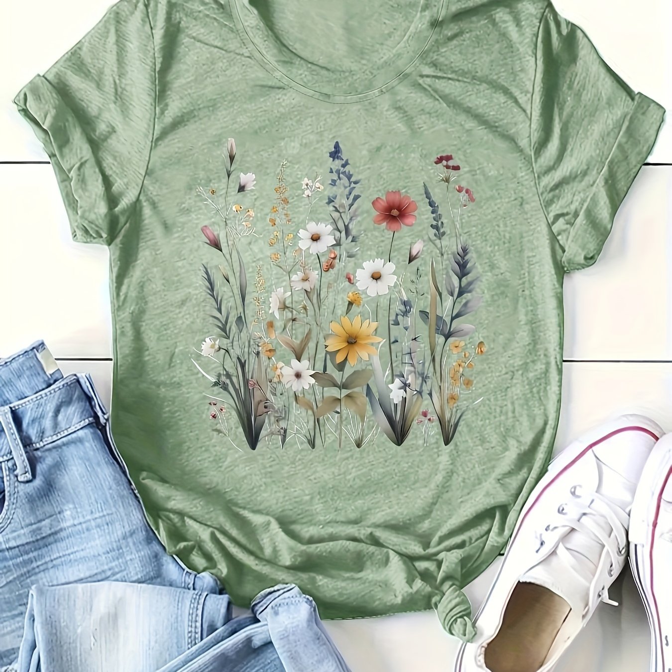 Women's Summer Floral Print Crew Neck T-Shirt Polyester Knit Short Sleeve Casual