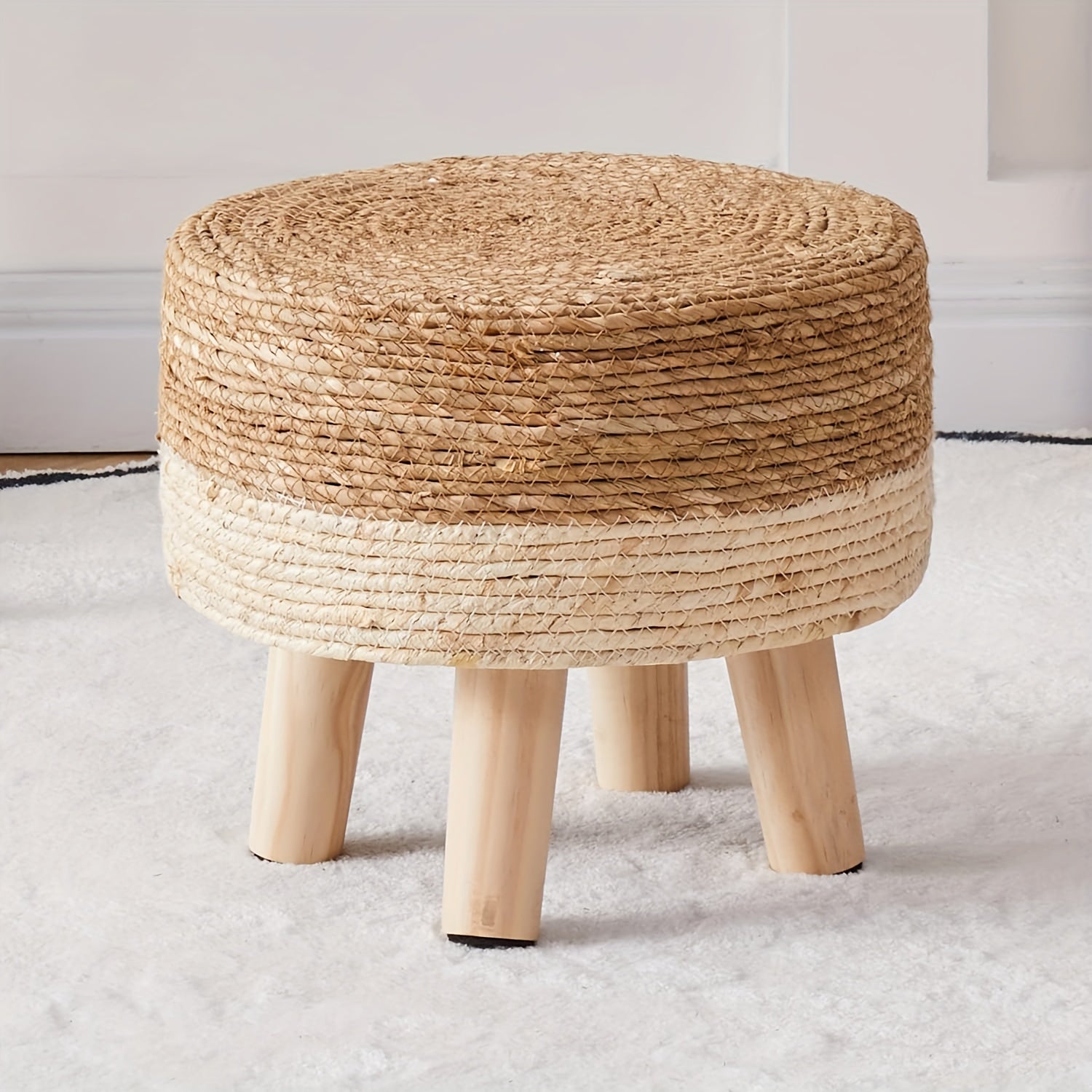 Handwoven Seagrass Round Footstool with Pine Wood Legs Non-Skid Base Rustic Home Decor